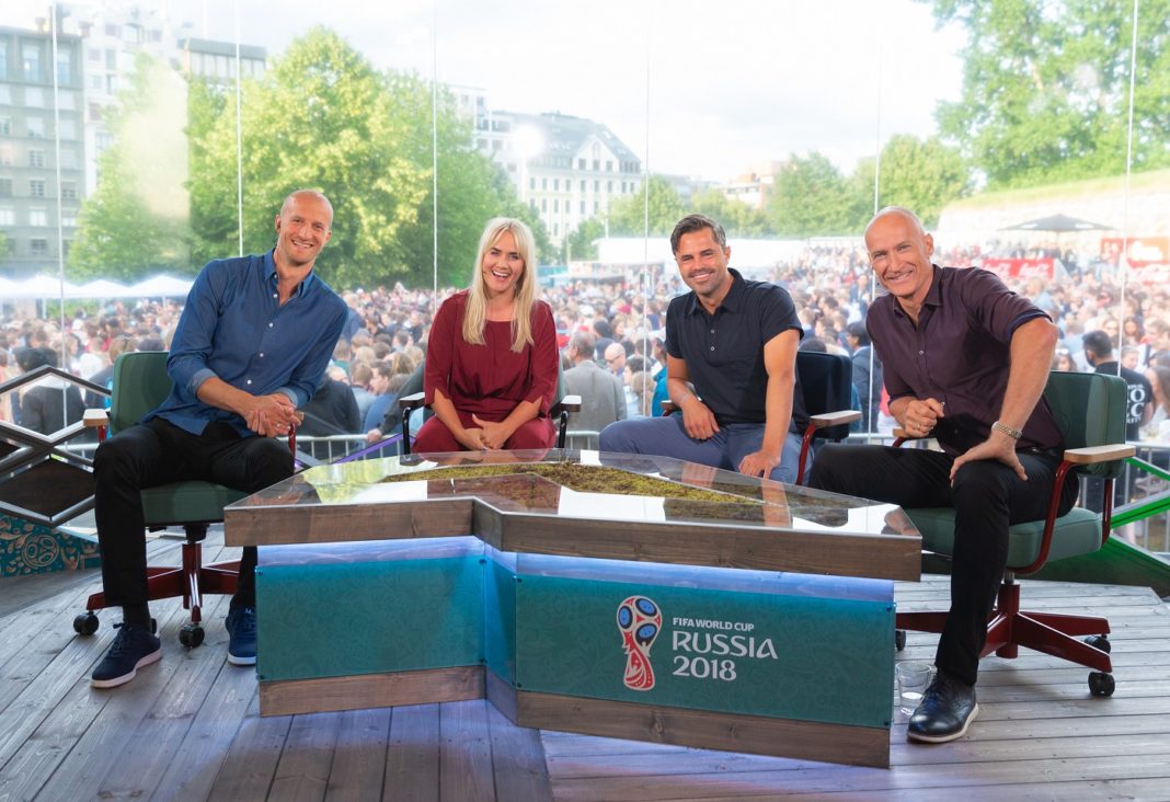 Brede Hangeland, Julie Strømsvåg, Jan-Henrik Børslid og Erik Thorstvedt i VM-studio på Kontraskjæret i Oslo