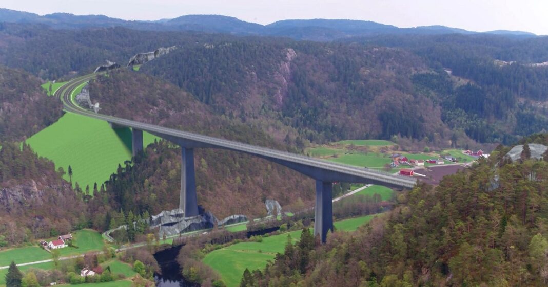 Brua over Audna i Lindesnes kommune blir den største konstruksjonen med en lengde over 550 meter og seilingshøyde på mer enn 100 meter.